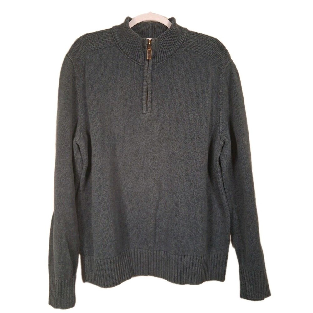 Eddie Bauer Sweater Mens XL Quarter Zip Mock Neck Cotton Knit Blue Distressed